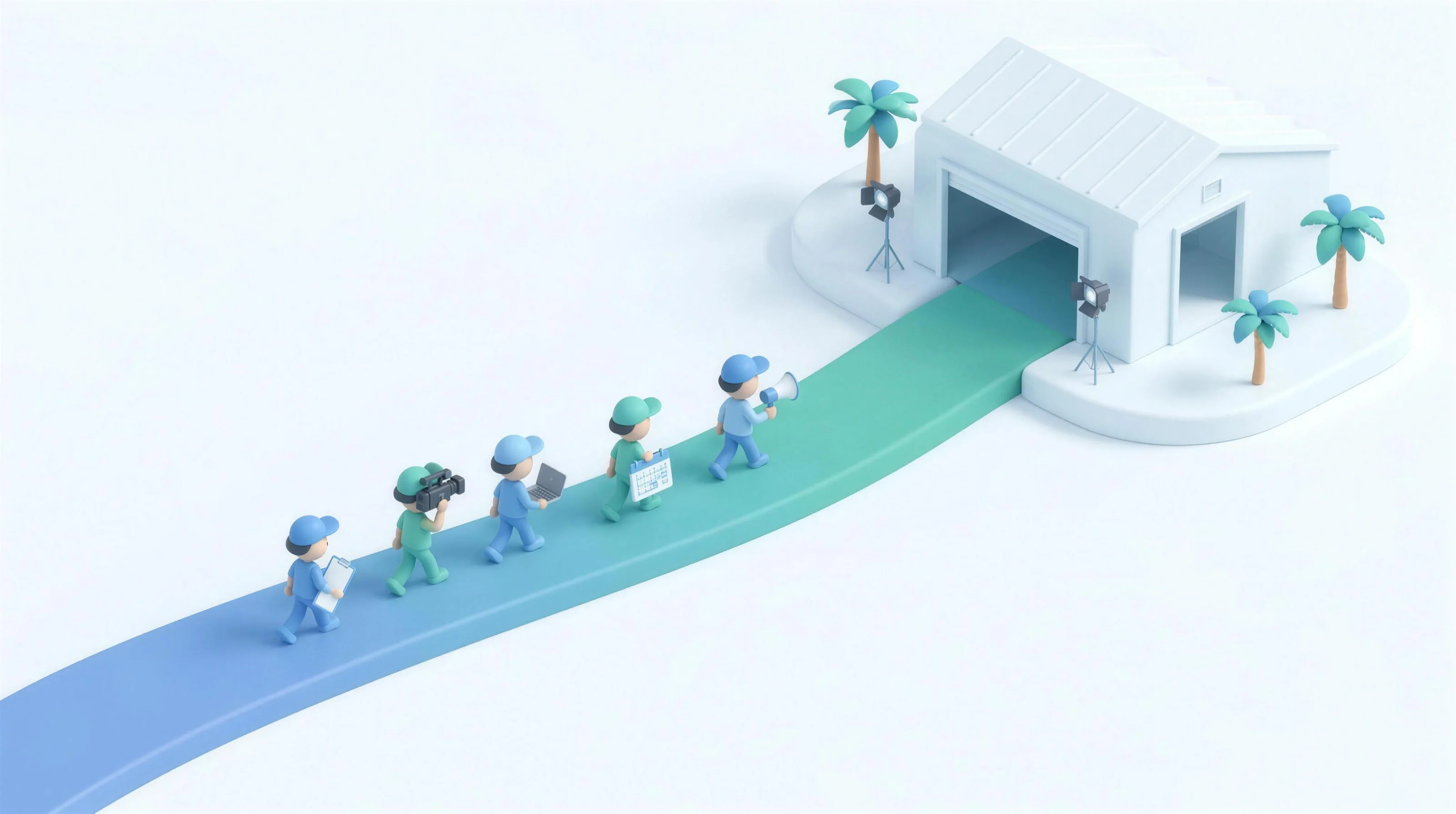 Five clay figures walking together toward a sound stage.