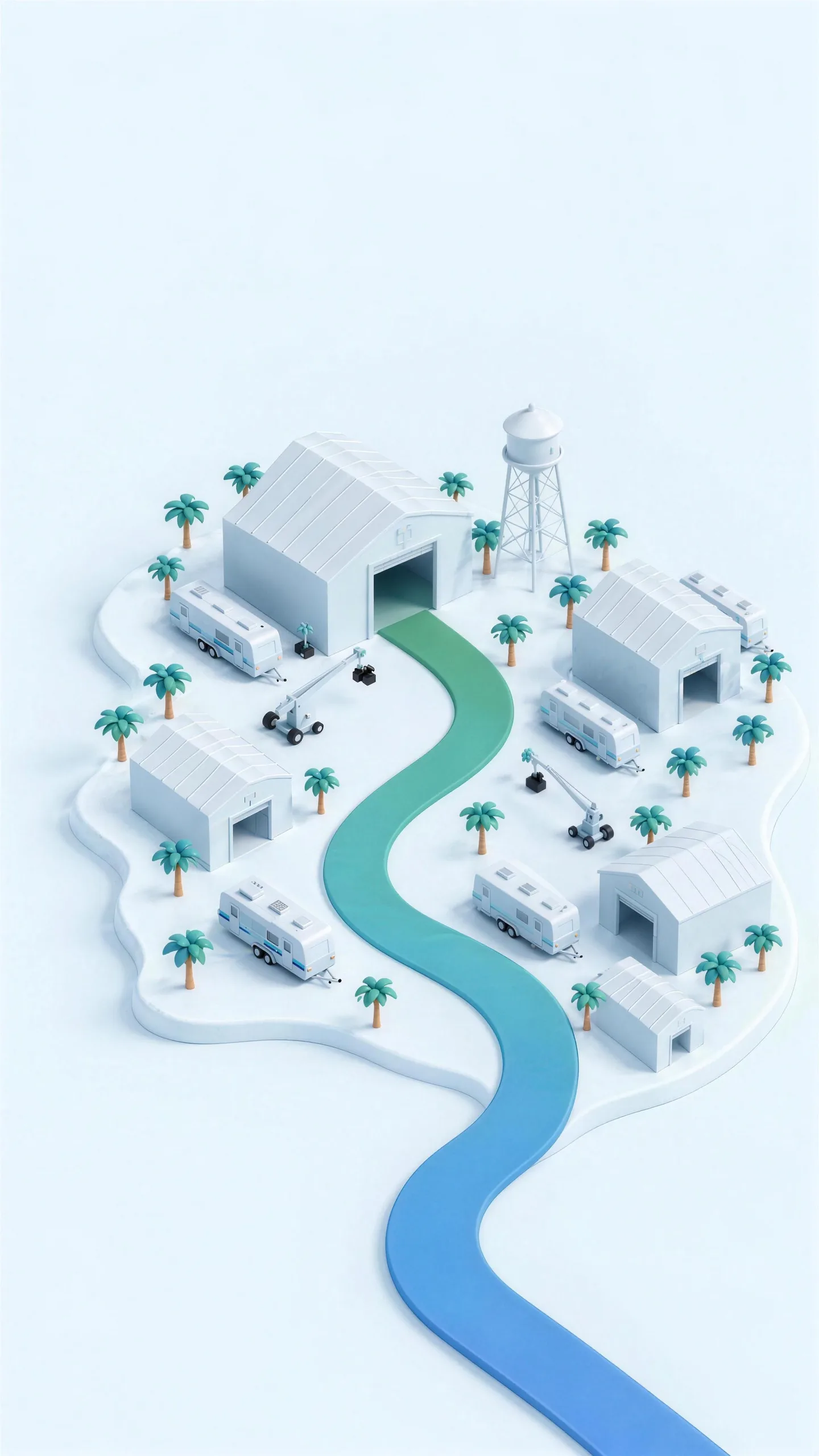 The Backlot lot from above at morning: white sound stages, palms and the blue-to-green road.